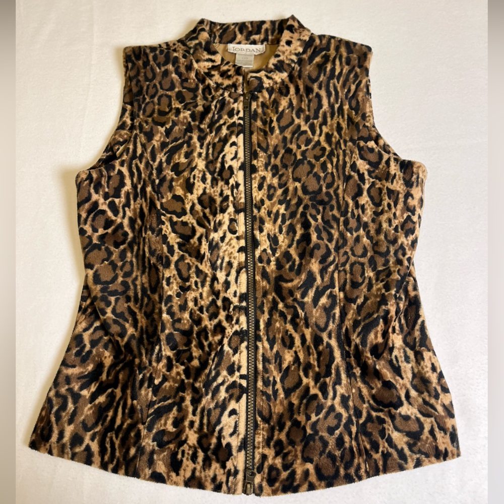 Jordan Vintage Leopard Print Faux Fur Zip Front Sleeveless Lined Vest Size S